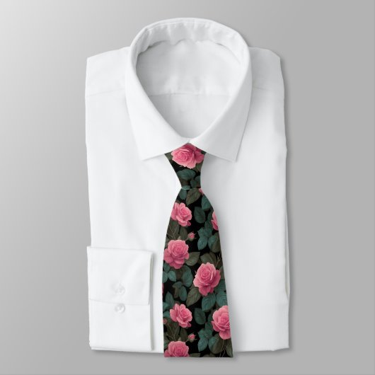 Pink Roses on Black Floral Pattern ネクタイ (タイ)