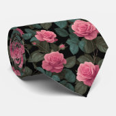 Pink Roses on Black Floral Pattern ネクタイ (ロール)