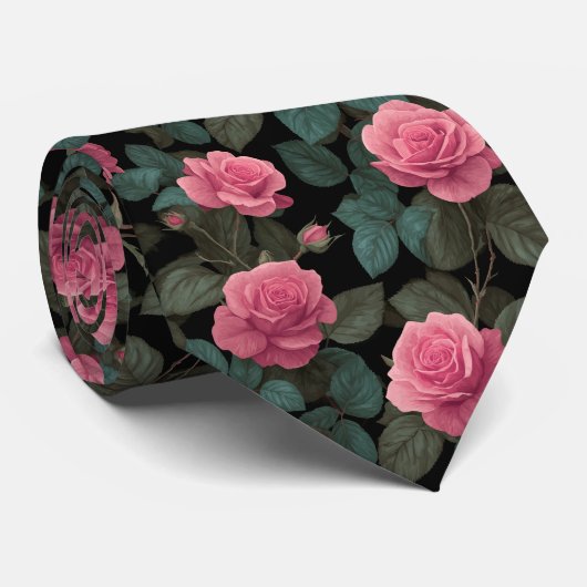 Pink Roses on Black Floral Pattern ネクタイ (ロール)