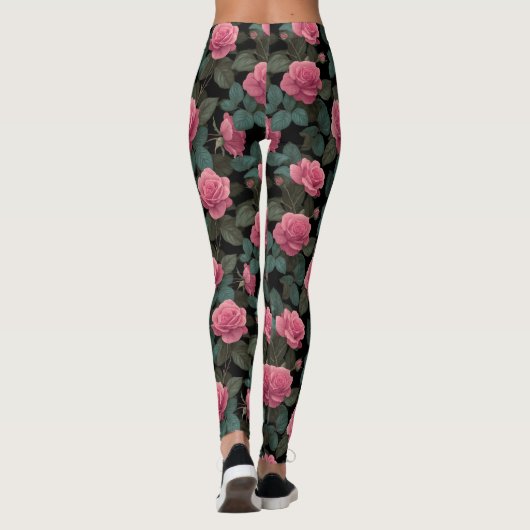 Pink Roses on Black Floral Pattern レギンス (裏面)