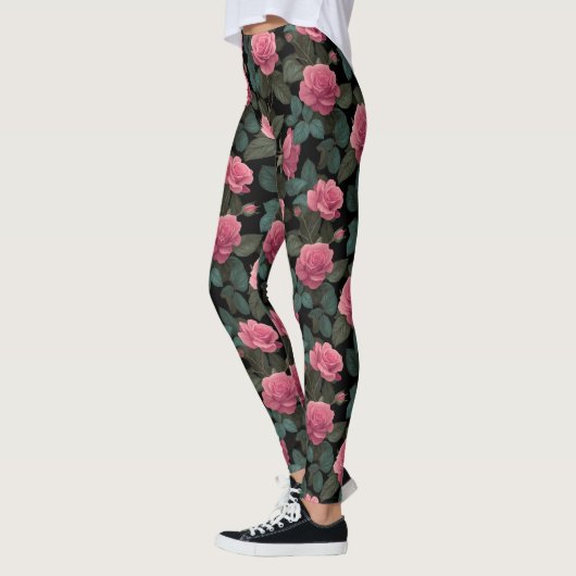 Pink Roses on Black Floral Pattern レギンス (左)
