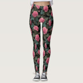 Pink Roses on Black Floral Pattern レギンス (正面)