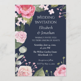Pink Roses on Blue Customizable Wedding Invitation 招待状