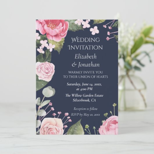 Pink Roses on Blue Customizable Wedding Invitation 招待状 (スタンド正面)