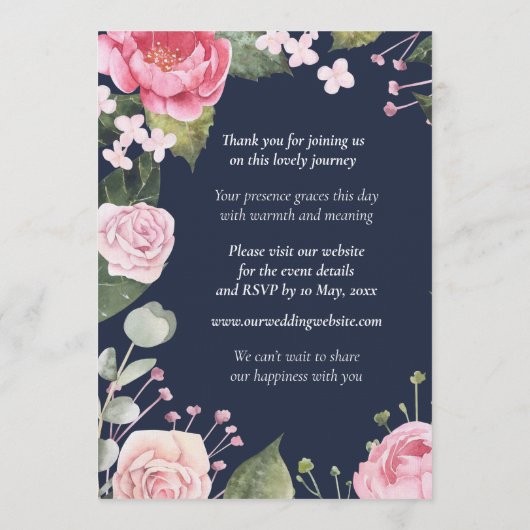 Pink Roses on Blue Customizable Wedding Invitation 招待状 (裏面)