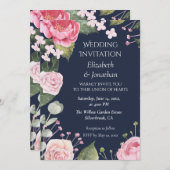 Pink Roses on Blue Customizable Wedding Invitation 招待状 (正面/裏面)