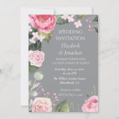 Pink Roses on Grey Customizable Wedding Invitation (正面)