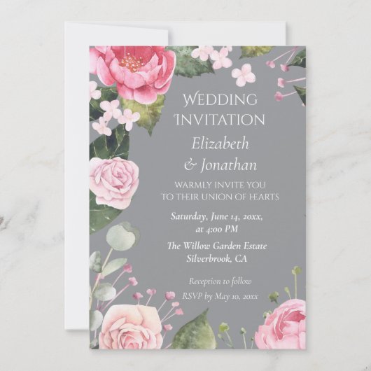 Pink Roses on Grey Customizable Wedding Invitation (正面)