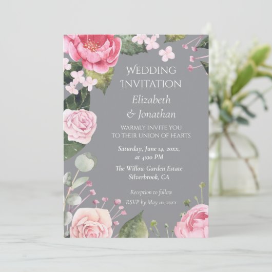 Pink Roses on Grey Customizable Wedding Invitation (スタンド正面)