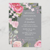 Pink Roses on Grey Customizable Wedding Invitation (正面/裏面)