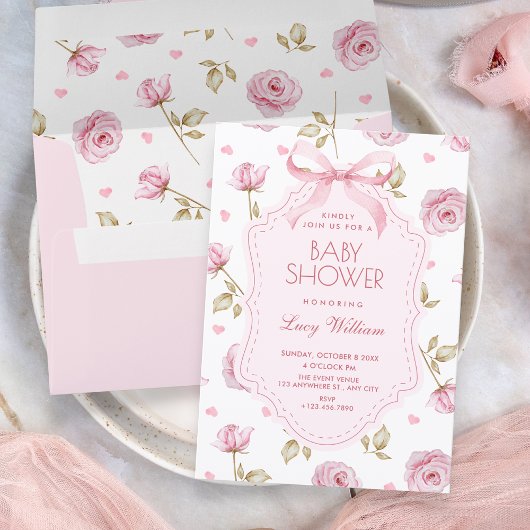 Pink roses pattern bow baby shower 招待状