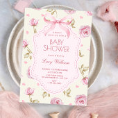 Pink roses pattern bow baby shower 招待状