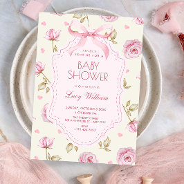 Pink roses pattern bow baby shower 招待状
