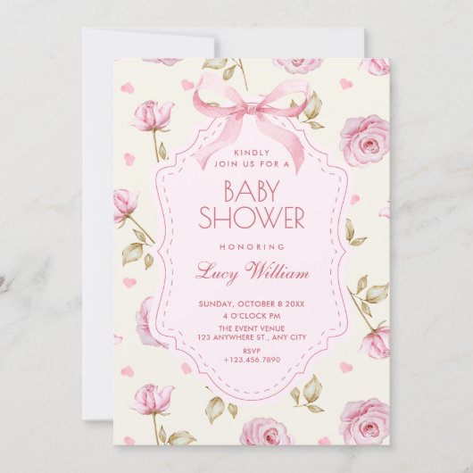 Pink roses pattern bow baby shower 招待状 (正面)
