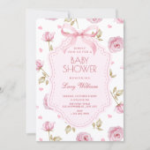 Pink roses pattern bow baby shower 招待状 (正面)