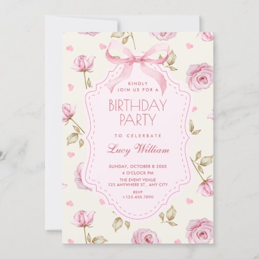 Pink roses pattern bow birthday 招待状 (正面)