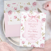 Pink roses pattern bow birthday 招待状