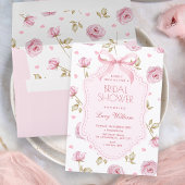 Pink roses pattern bow bridal shower 招待状