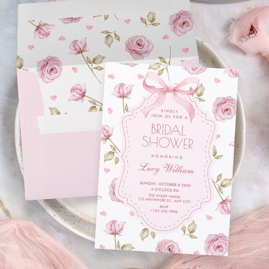 Pink roses pattern bow bridal shower 招待状
