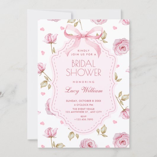 Pink roses pattern bow bridal shower 招待状 (正面)