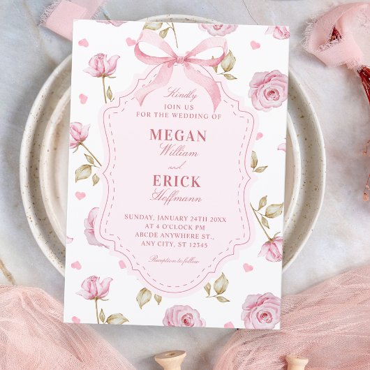 Pink roses pattern bow wedding 招待状