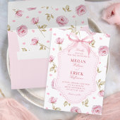 Pink roses pattern bow wedding 招待状