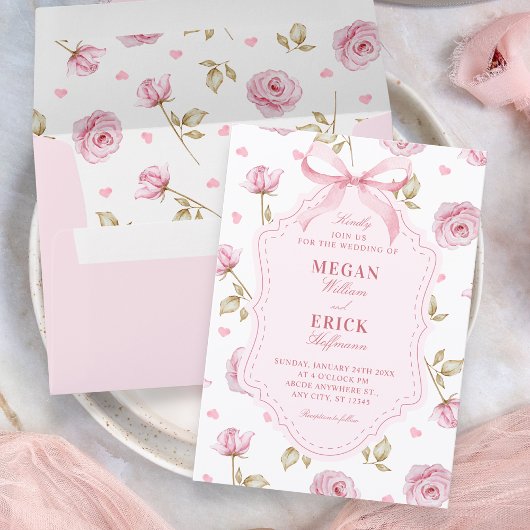 Pink roses pattern bow wedding 招待状