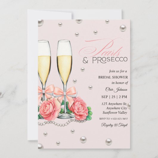 Pink Roses Pearls and Prosecco Bridal Shower  招待状 (正面)