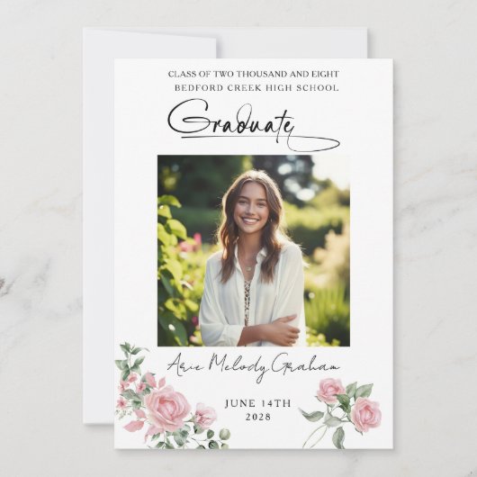 Pink Roses Script Photo Graduation Announcement 招待状 (正面)