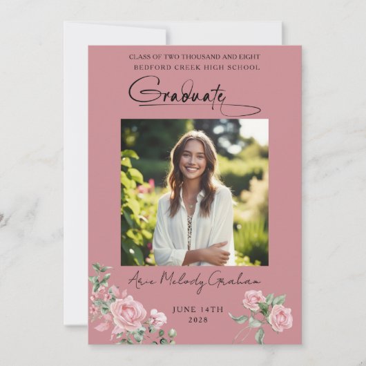 Pink Roses Script Photo Graduation Announcement 招待状 (正面)