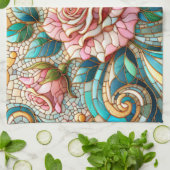 Pink Roses Stained Glass Mosaic キッチンタオル (折り畳み)