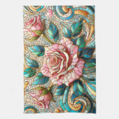 Pink Roses Stained Glass Mosaic キッチンタオル (縦)