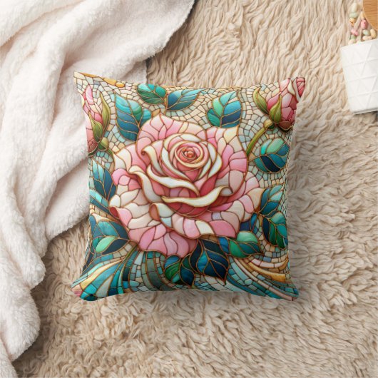 Pink Roses Stained Glass Mosaic クッション (ブランケット)
