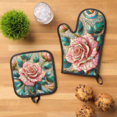 Pink Roses Stained Glass Mosaic 鍋つかみ&鍋敷きセット (トップダウン)