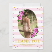 Pink Roses Striped Graduation Brunch サンキューカード (正面)