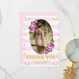 Pink Roses Striped Graduation Brunch サンキューカード