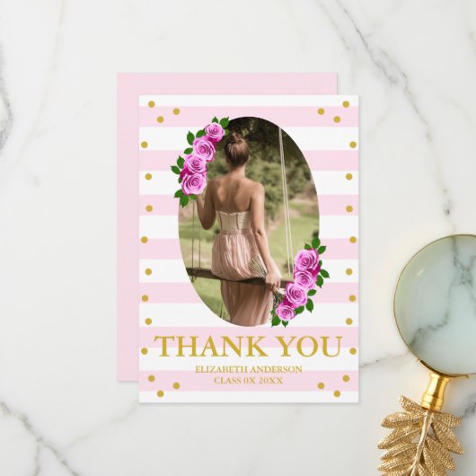 Pink Roses Striped Graduation Brunch サンキューカード (正面/裏面インサイチュ)