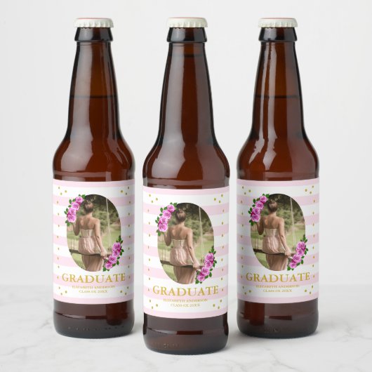 Pink Roses Striped Graduation Brunch ビールラベル (ボトル)