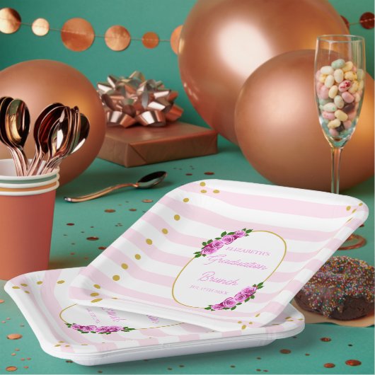 Pink Roses Striped Graduation Brunch ペーパープレート (複数)