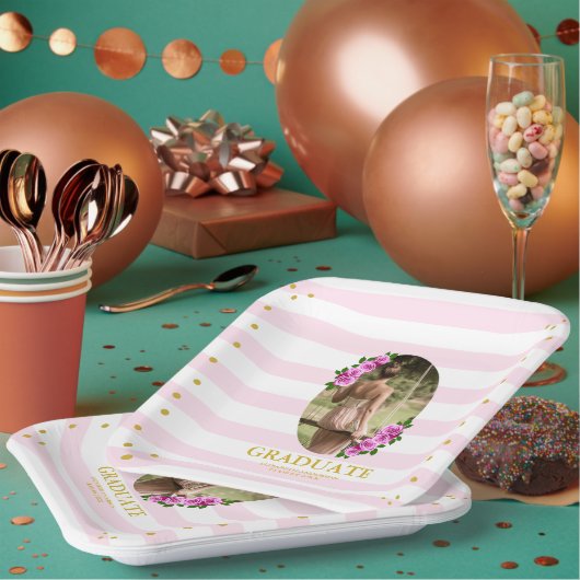 Pink Roses Striped Graduation Brunch ペーパープレート (複数)