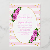 Pink Roses Striped Graduation Brunch 箔招待状 (正面)