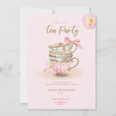 Pink roses tea party bridal shower chic invitation 招待状 (正面)