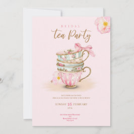 Pink roses tea party bridal shower chic invitation 招待状