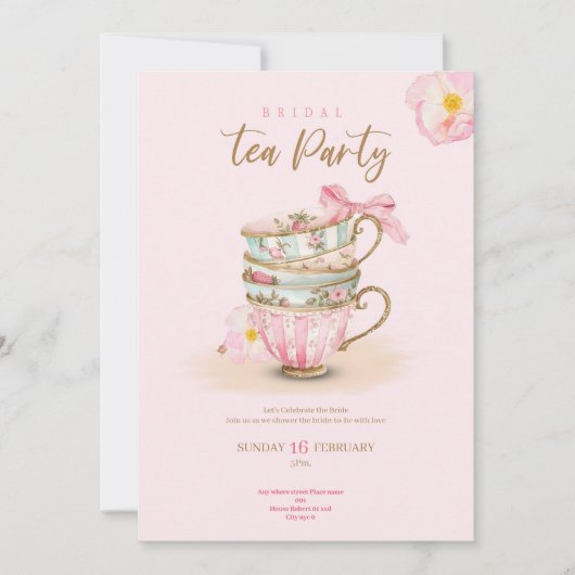Pink roses tea party bridal shower chic invitation 招待状 (正面)