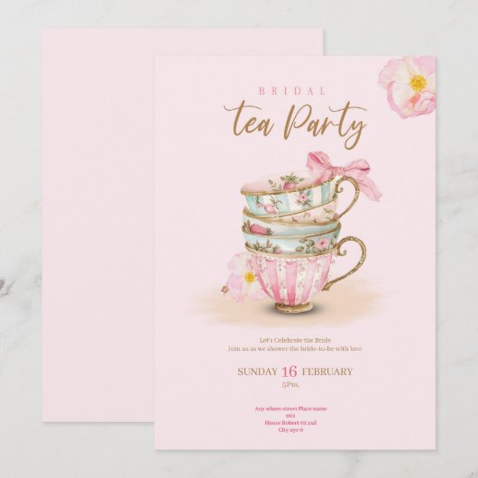 Pink roses tea party bridal shower chic invitation 招待状 (正面/裏面)