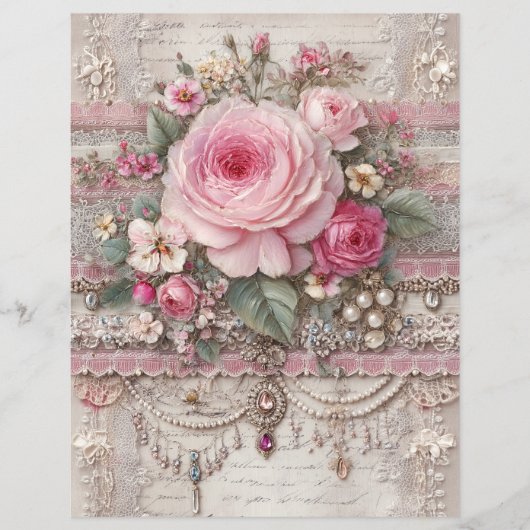 Pink Roses Vintage Junk Journal Scrapbook Paper (正面)