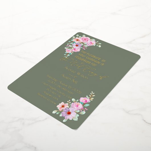 Pink Roses Warm Eucalyptus Green  箔招待状 (回転した状態)