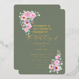 Pink Roses Warm Eucalyptus Green  箔招待状
