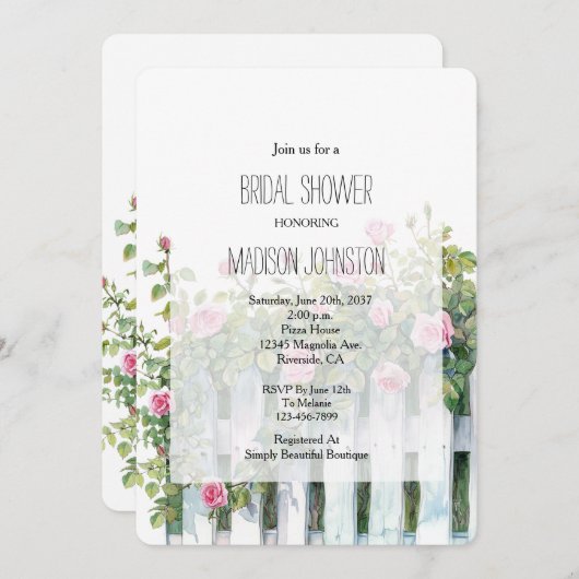 Pink Roses White Picket Fence Bridal Shower 招待状 (正面/裏面)