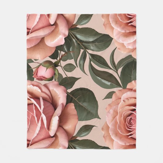 Pink Roses With Brushstroke Leaves  フリースブランケット (正面)